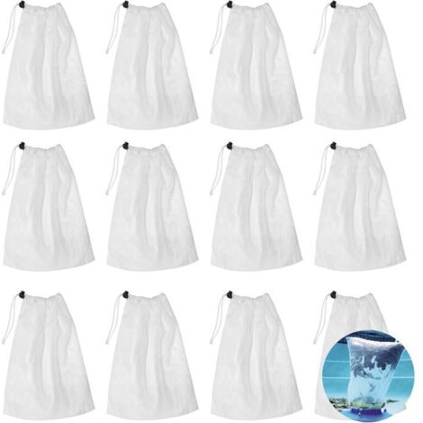 Lot de 12 sacs de rechange en filet avec cordon de serrage pour aspirateur de piscine.