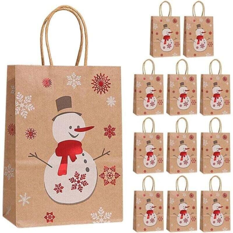Lot de 12 sacs en papier marron de Noël, sacs cadeaux de Noël, sacs de décoration de Noël avec poignées, 21 x 15 x 8 cm, motif bonhomme de neige