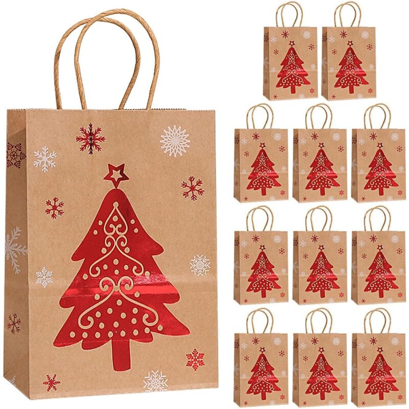 Lot de 12 sacs en papier marron de Noël Sacs cadeaux de vacances, sacs à bonbons, sac fourre-tout – Décoration de Noël parfaite avec poignées - arbre