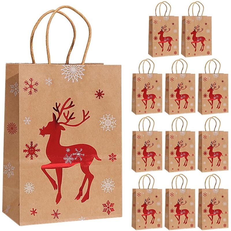 Lot de 12 sacs en papier marron de Noël Sacs cadeaux de vacances, sacs à bonbons, sac fourre-tout – Décoration de Noël parfaite avec poignées - renne