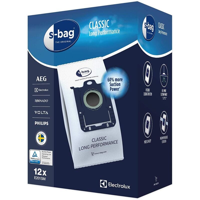 Lot de 12 sacs S-bag E201SM long performance pour aspirateur Electrolux Philips - Aeg - Tornado réf : 9001684811