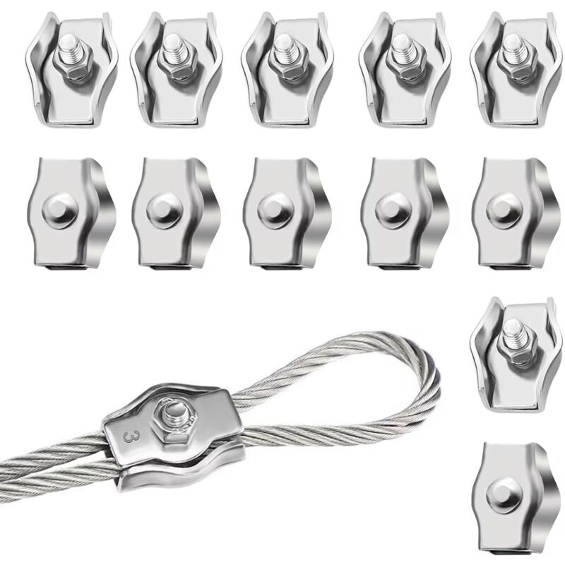 Lot de 12 serre-câbles M3 - 3 mm - En acier inoxydable 304 - Pour câble métallique - Tendeur de corde à linge - Fixé Lot de 12 serre-câbles M3 - 3 mm - En acier inoxydable 304 - Pour câble métallique - Tendeur de corde à linge - Fixé