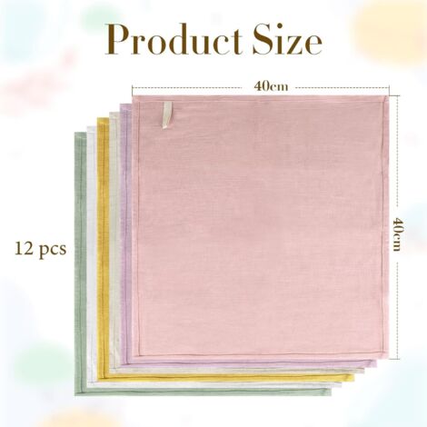 Lot de 12 Serviettes en Lin, Serviettes en Tissu réutilisables, Serviettes lavables en Coton 40x40 cm Mariage, Anniversaire, dîner (Mauve pâle, Beige, Blanc, Moutarde, Rose poudré, Vert Pois)