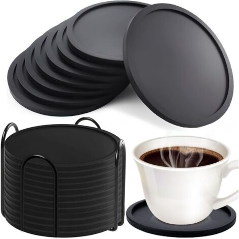 Lot de 12 sous-verres ronds en silicone noir d'un diamètre de 10 cm, sous-verres noirs antidérapants, adaptés aux chopes à bière, tasses à café