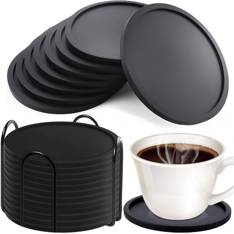 Lot de 12 sous-verres ronds en silicone noir d'un diamètre de 7 cm, sous-verres noirs antidérapants, adaptés aux chopes à bière, tasses à café