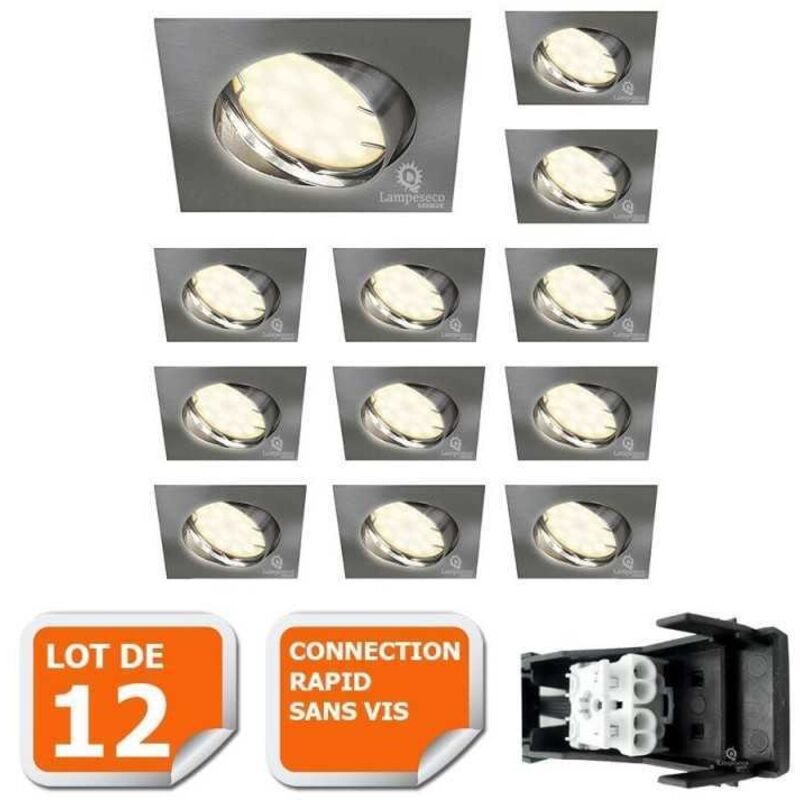 Lot de 12 spot encastrable orientable led carré alu brossé GU10 230V eq. 50W blanc neutre