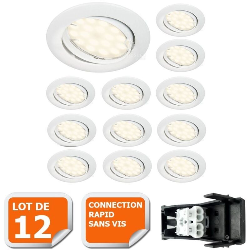 Lot de 12 Spot led encastrable complete orientable blanc avec ampoule gu10 230v eq. 50w, lumiere blanc neutre
