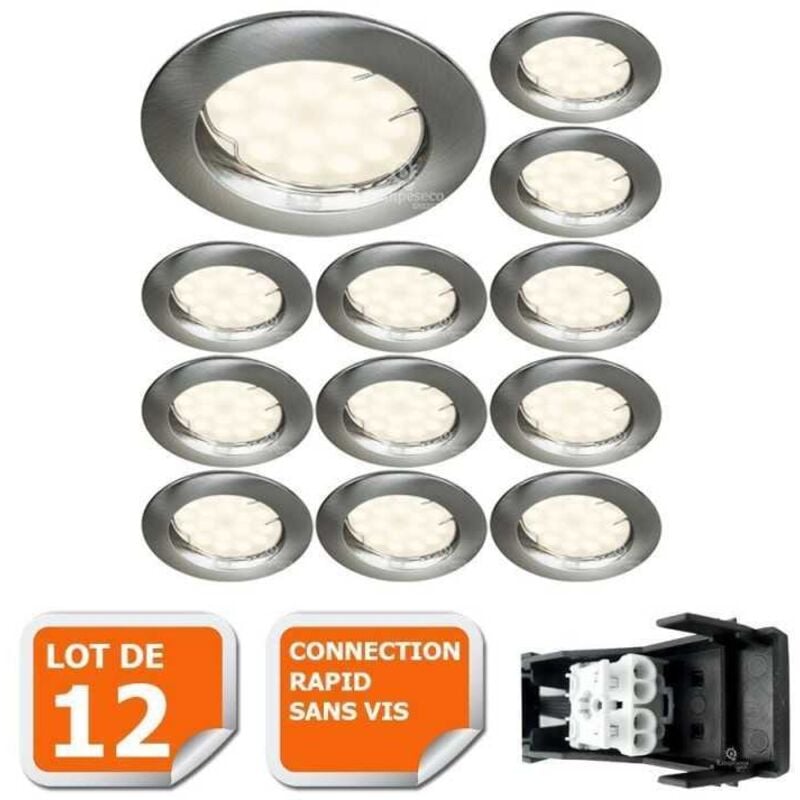 Lot de 12 spot led encastrable complète ronde fixe alu brossé eq. 50w blanc chaud