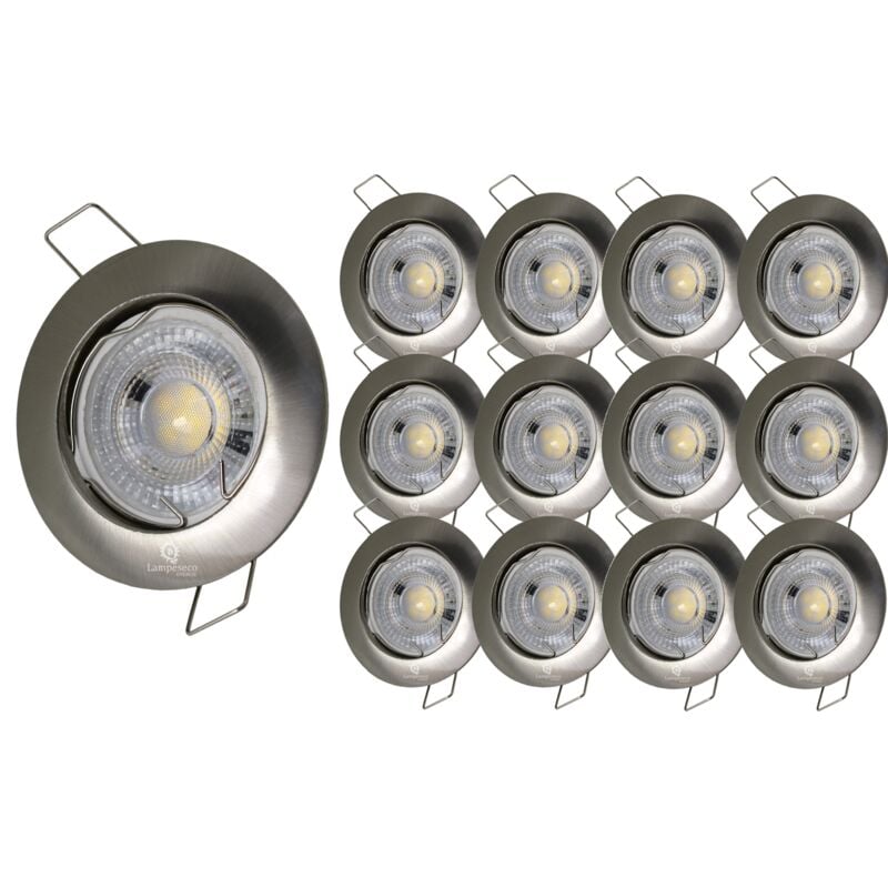 Lot de 12 Spot encastrable led fixe complet alu brossé blanc chaud 38°