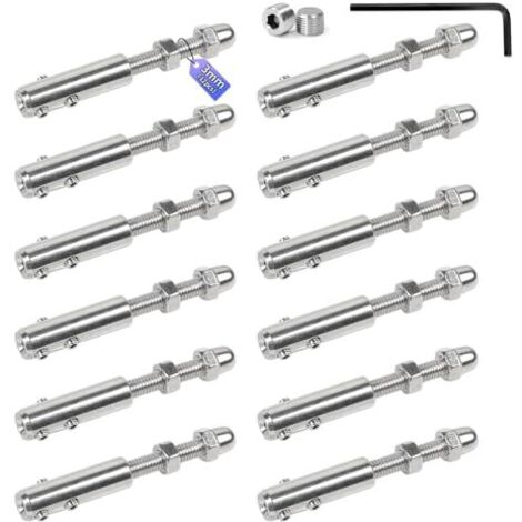 Lot de 12 Tendeurs pour câble 3 mm Serre-câble en inox avec tige filetée et clé Allen, Garniture tension robuste câbles acier, idéale les installations clôtures ou rambardes -