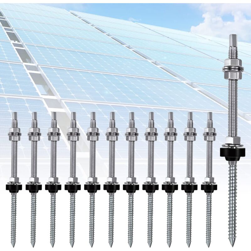 Lot de 12 Vis de Fixation Panneau Solaire, M10 x 200 Mm Vis d'Assemblage Double Filetage, Boulon de Réglables En Hauteur, Ferrure d'Assemblage pour