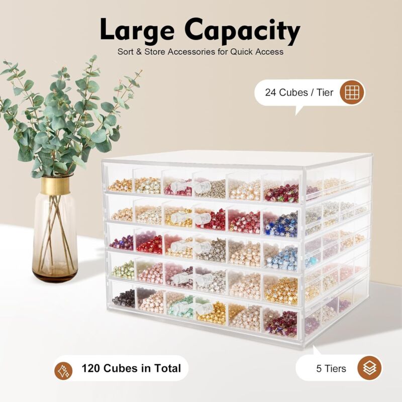 Lot de 120 boîtes de rangement transparentes à 5 niveaux - Pour perles et accessoires d'ongles - Pour perles, pointes d'ongles, bagues, bracelets,