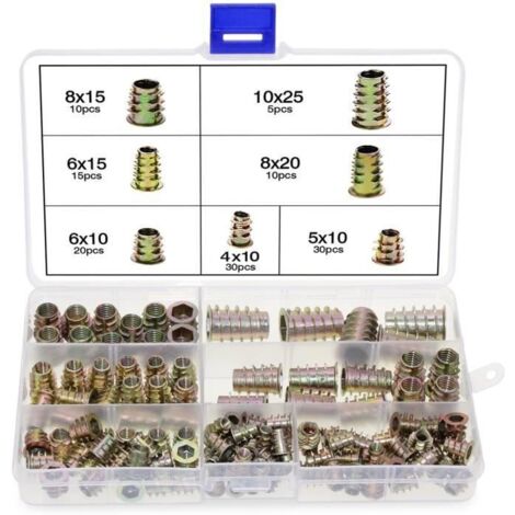 Lot de 120 écrous hexagonaux en alliage de zinc M4 M5 M6 M8 M10 avec inserts filetés pour meubles en bois avec boîte en plastique