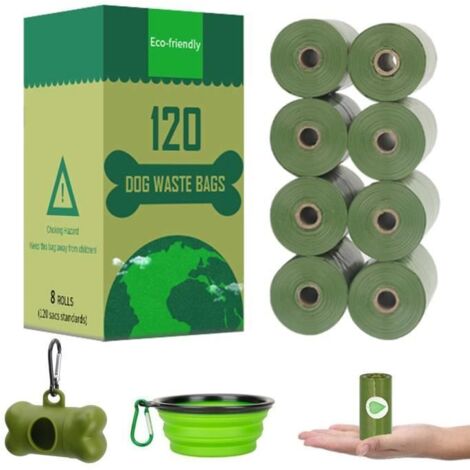 Lot de 120 Sac à Déjections Canines pour Dog Cat avec 1 Distributeur + 1 Bol Pliable pour Chien (Vert)