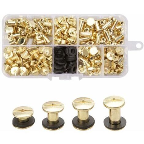 Lot de 120 vis de reliure Chicago – 4 tailles 4/6/8/10mm – Rivets en laiton avec joints en nylon – Pour cuir et loisirs créatifs