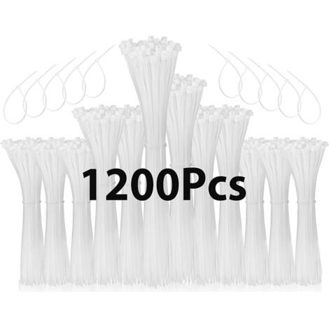 Lot de 1200 serre-câbles blancs, 100/150/200/250 mm résistant aux UV, serre-câbles en nylon autobloquant pour la gestion des câbles, jardinage, maison