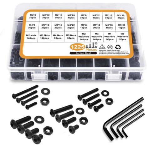 Lot de 1225 vis cylindriques en acier au carbone M2 M3 M4 M5 à tête bombée à six pans creux avec écrous, rondelles et clés à six pans creux dans une boîte de rangement