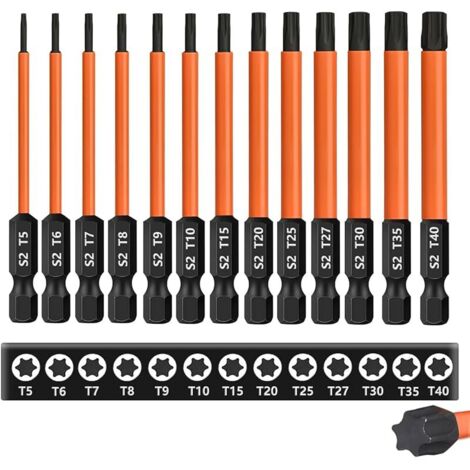 Lot de 13 embouts de tournevis Torx de 75 mm de long (T5-T40), tige hexagonale 1/4", embout Torx long, en acier S2 magnétique, pour visseuse sans fil