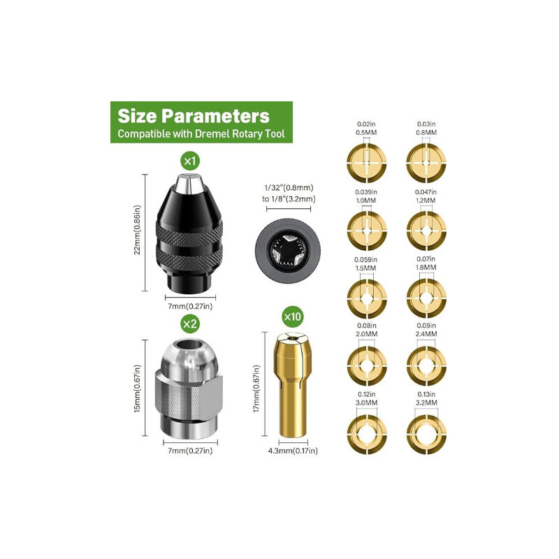 Lot de 13 Mandrins de Perçage, Mandrin 4486, Pinces de Serrage 4485, Têtes de Serrage en Laiton à Changement Rapide pour Dremel 4000, Trio et Plus,
