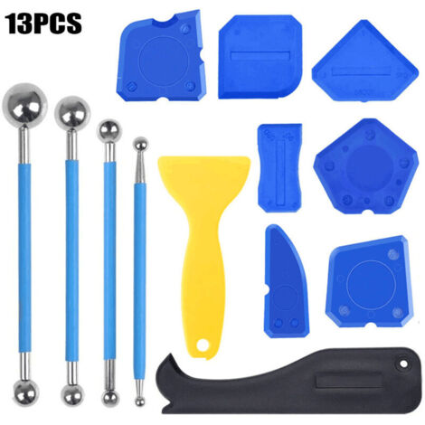 Lot de 13 Pièces Kit de grattoir à joints, extracteurs de joints en silicone, 4 Boule en Métal Outil D'étanchéIté, 8 Lisseurs de Joint En Silicone, Outils de Calfeutrage Pour Salle de Bain, Cuisine