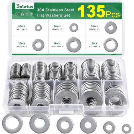 Lot de 135 rondelles plates en acier inoxydable pour vis, écrous et tige filetée 6 tailles M4, M5, M6, M8, M10, M12