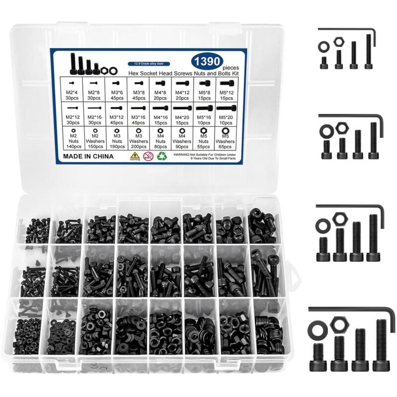 Lot de 1390 vis à bois M2 M3 M4 M5 à tête fraisée - Vis auto-taraudeuses en métal avec boîte de rangement - Assortiment de qualité supérieure pour