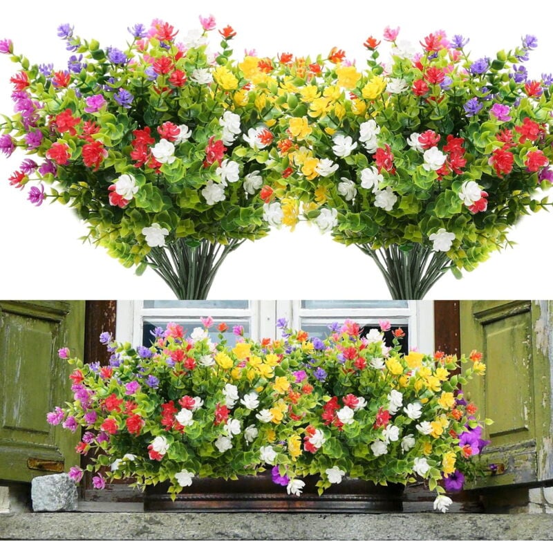 Feiyue - Lot de 14 bouquets de fleurs artificielles d'extérieur, 7 couleurs, en plastique résistant aux uv, pour décoration de jardin