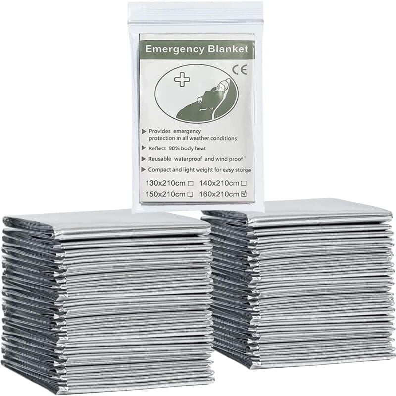 Lot de 14 couvertures d'urgence en aluminium, 160 cm x 210 cm, couverture thermique d'urgence en Mylar, couvertures de survie en film argenté