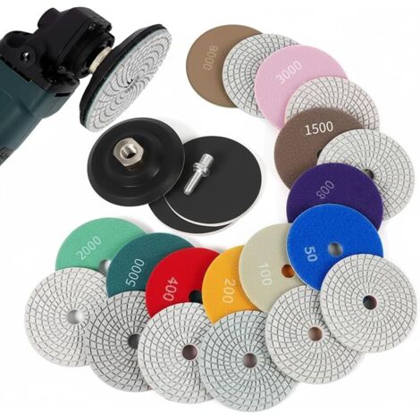 Lot de 14 disques de polissage diamantés de 100 mm - 50 - 8000 - Kit de polissage pour marbre avec plaque de support en caoutchouc M14 - Feutre de laine pour béton, granit, pierre, marbre - Pour