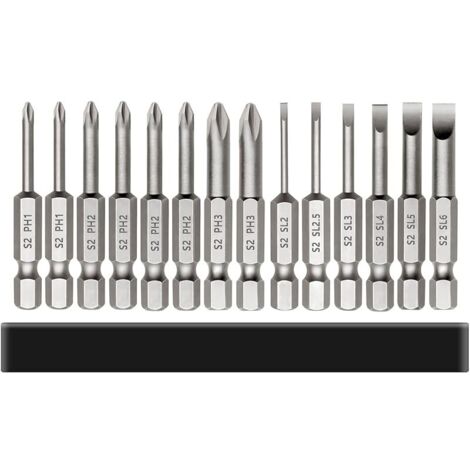 Lot de 14 embouts de tournevis cruciformes et à tête fendue - 50 mm - En acier S2 - Tige hexagonale - PH1 PH2