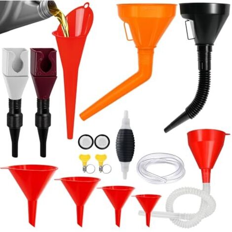 Lot de 14 Entonnoir Carburant, Universel Huile Moteur, Essence avec Pompe à Main, Flexible, Angle Droit, Tuyau et Filtre pour Essence, Huile, Liquide Refroidissement -