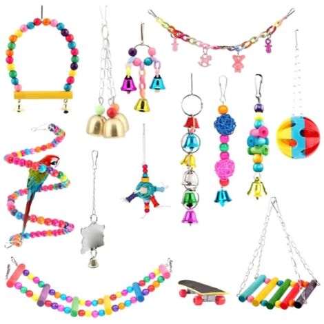 Lot de 14 jouets pour oiseaux : balançoire, échelle, perchoir et miroir pour perroquets, calopsittes et aras.