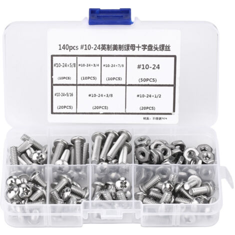 Lot de 140 vis à tête cruciforme en acier inoxydable n° 10-24, avec boîte en plastique