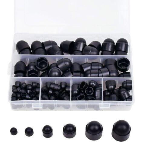 Lot de 145 cache-écrous hexagonaux en caoutchouc, capuchons de boulons, capuchons de vis, kits d'écrous en plastique avec boîte de rangement, 145 pièces noires M4 M5 M6 M8 M10 M12