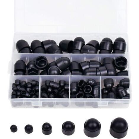 Lot de 145 cache-écrous hexagonaux en caoutchouc, capuchons de vis, écrous en plastique avec boîte de rangement, 145 pièces noires M4 M5 M6 M8 M10 M12