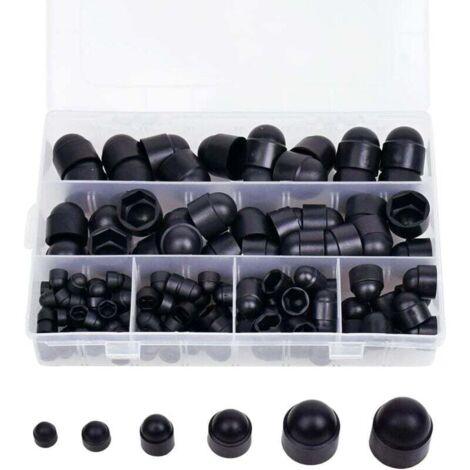 Lot de 145 Cache-Écrous Hexagonaux en Caoutchouc Noir M4 M5 M6 M8 M10 M12 avec Boîte de Rangement