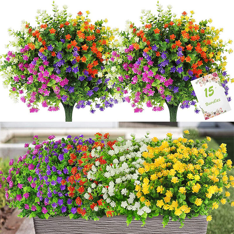Freosen - Lot de 15 bouquets de fleurs artificielles pour extérieur intérieur - résistantes aux uv 5 Couleurs Plantes en Plastique pour Maison
