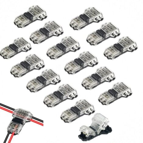 Lot de 15 Connecteur de fil 2 broches 2 voies Connecteurs universels basse tension à fils compacts de type T Pas de dénudage nécessaire pour les câbles 20/22 AWG (type T).