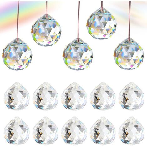 Lot de 15 cristaux à suspendre - Attrape-soleil - 30 mm - Attrape-lumière - Boules de verre de cristal - Prisme avec trou - Pour mariage, maison, bureau, décoration