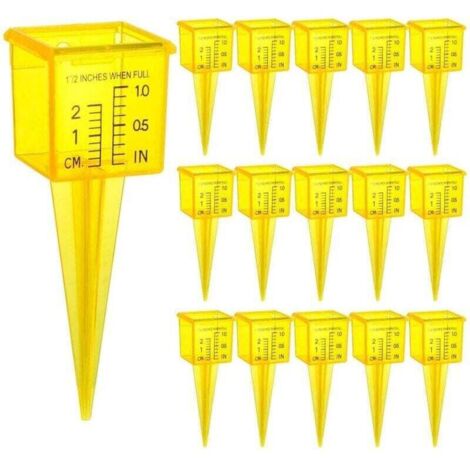 Lot de 15 jauges de Pluie de 3,5 cm avec Large Ouverture, Outil de Mesure de l'eau pour pelouse, Jardin, Cour, Jaune Vif, Transparent, zéro à 0,6 cm du Bas