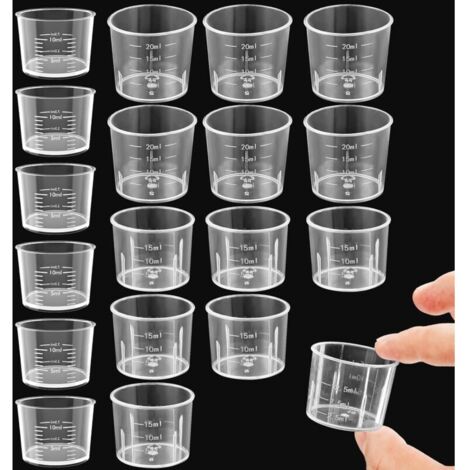 Lot de 15 mini gobelets doseurs transparents pour liquide de cuisine - 10 ml, 15 ml, 20 ml - En plastique transparent - Avec graduation