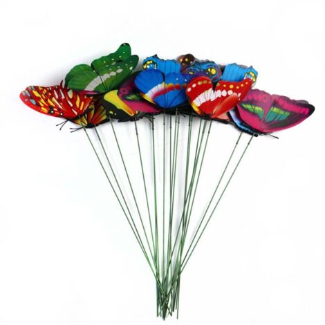 Lot de 15 Papillons de Simulation 3D à Double Pont de 7 Cm avec Tiges D'insertion, Papillon de Décoration de Jardin coloré pour Pots de Plantes, Parterres de Fleurs et (Coloré)