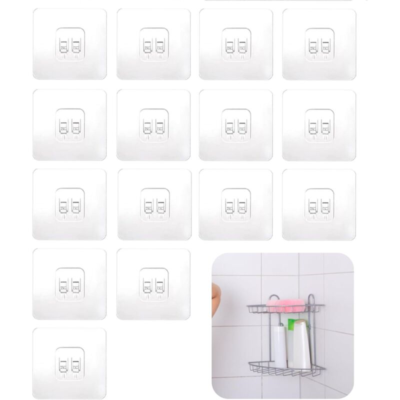 Lot de 15 pièces crochets adhésifs de rechange pour étagère de douche, sans perçage, porte savon transparent solide, étagère de rangement pour salle