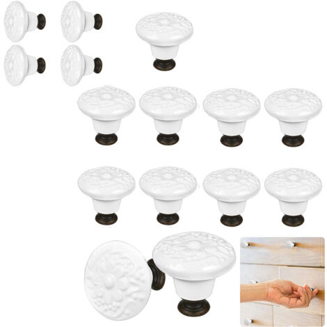 Lot de 15 poignées de commode en céramique brillante style champignon avec 3 vis de montage, blanc
