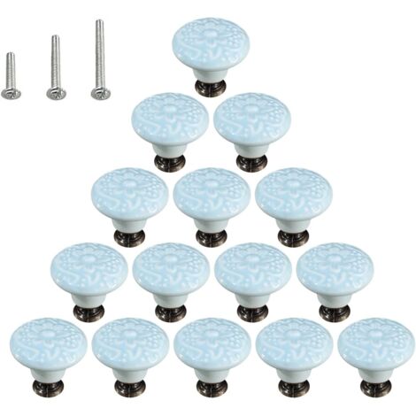 Lot de 15 poignées de commode en céramique brillante style champignon avec 3 vis de montage, bleu ciel