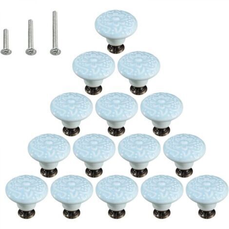 Lot de 15 poignées de commode en céramique brillante style champignon avec 3 vis de montage, bleu ciel