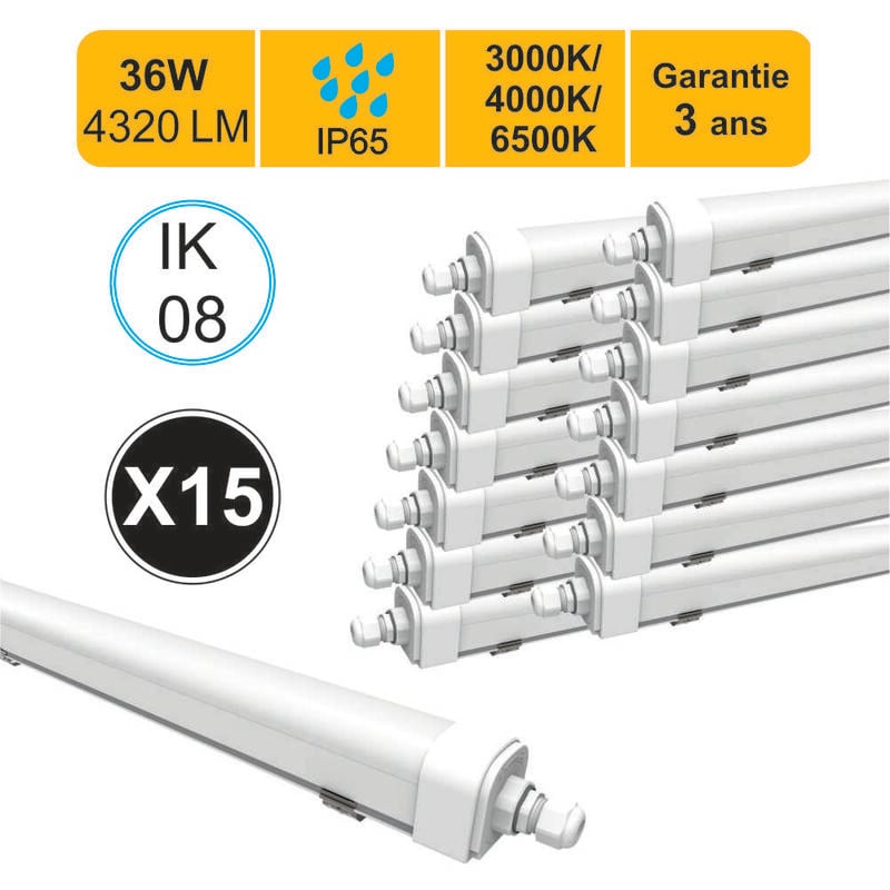 Lot de 15 réglettes led étanche IP65 36W 4320lm - 3CCT - traversant - garantie 3 ans