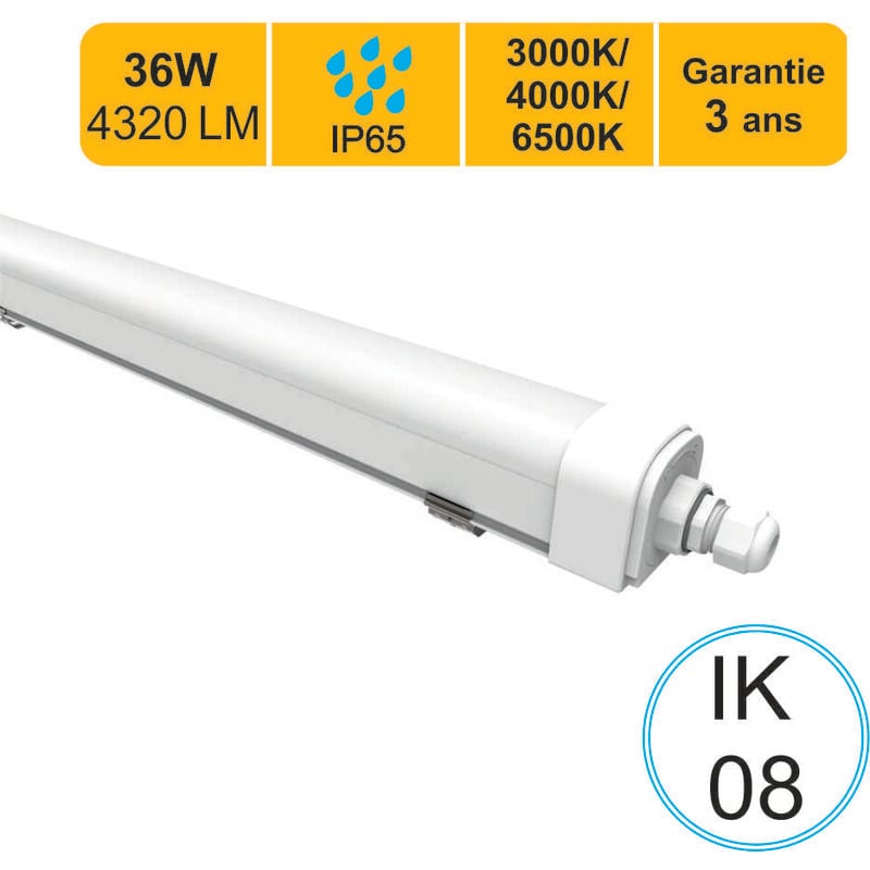 Lutece-arc - Réglette led étanche IP65 36W 4320lm - 3CCT - traversant - garantie 3 ans