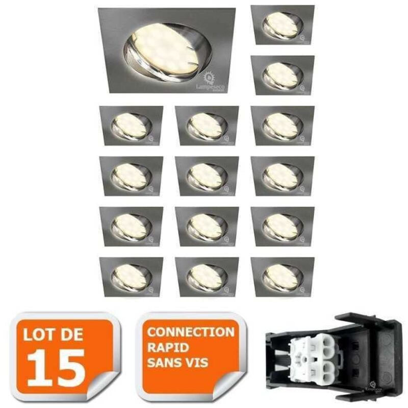 Lampesecoenergie - Lot de 15 spot encastrable orientable led carré alu brossé GU10 230V eq. 50W blanc neutre
