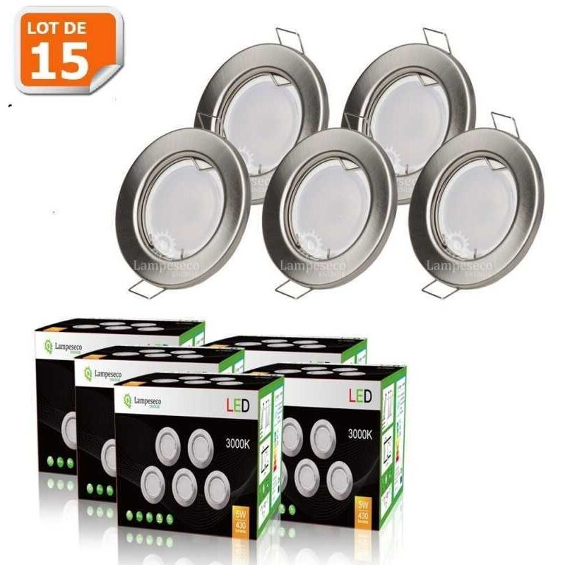 Lot de 15 spot led encastrable complète ronde fixe alu brossé eq. 50w blanc chaud